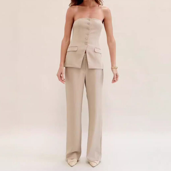Graceful Tube Top Suit Fashion Button Sleeveless Top And Straight Pants Women's Trousers Set - Image 4