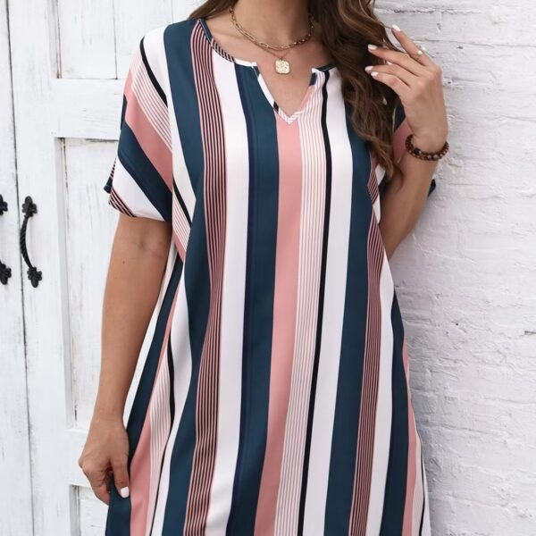 Ladies' Contrasting Striped Print Notch V-neck Short Casual Loose Dress - Image 3