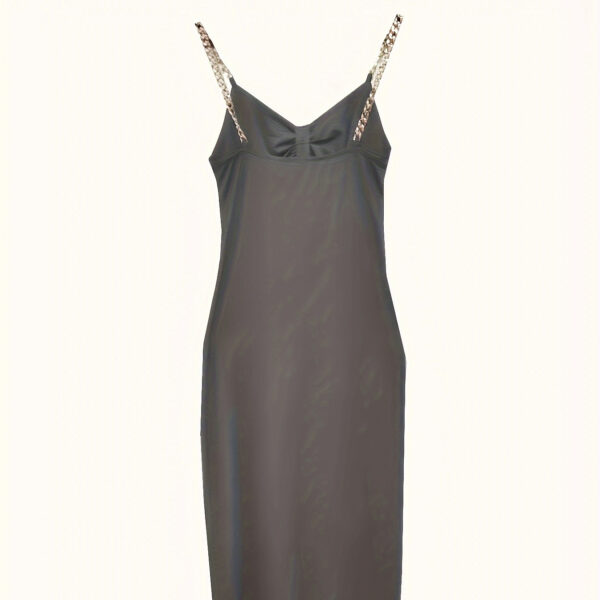 Women's Solid Color New Fashionable Metal Chain Hollow Chest Pleat Details Slit Design Sense Long Sexy Style Dress - Image 4