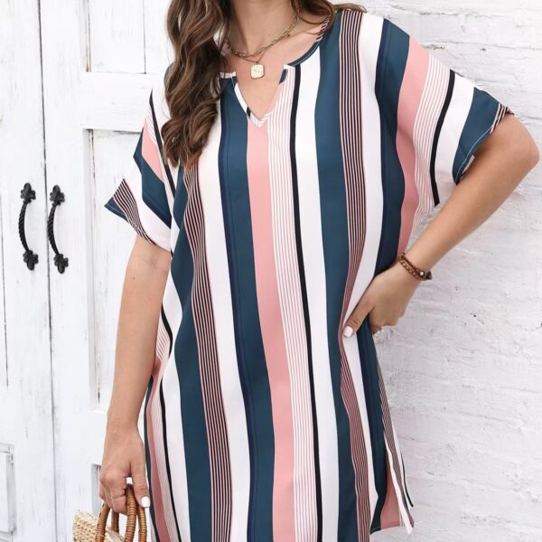 Ladies' Contrasting Striped Print Notch V-neck Short Casual Loose Dress - Image 4