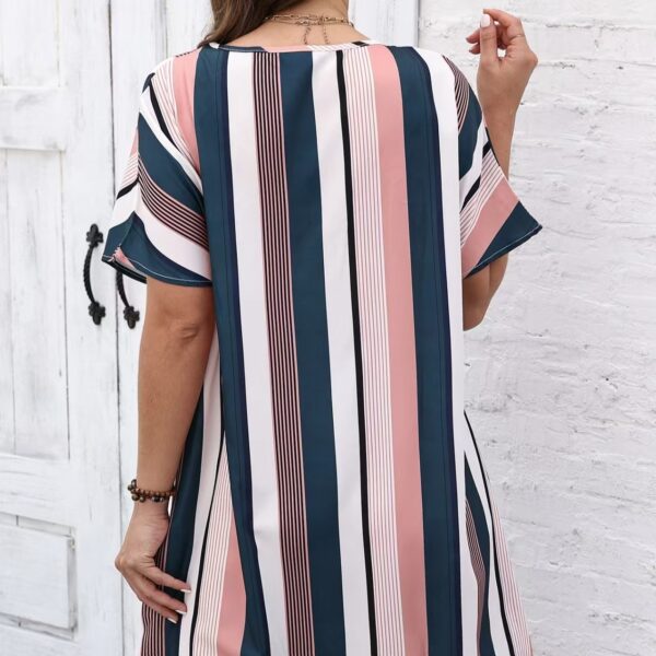 Ladies' Contrasting Striped Print Notch V-neck Short Casual Loose Dress - Image 2