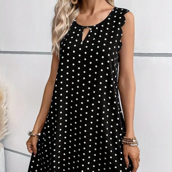 Ladies' Fashionable Casual Pullover Polka Dot Dress With Hollowed Out Collar And Round Neck Wavy Edge Skirt - Image 2