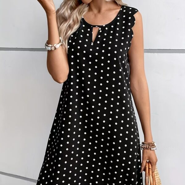 Ladies' Fashionable Casual Pullover Polka Dot Dress With Hollowed Out Collar And Round Neck Wavy Edge Skirt - Image 3
